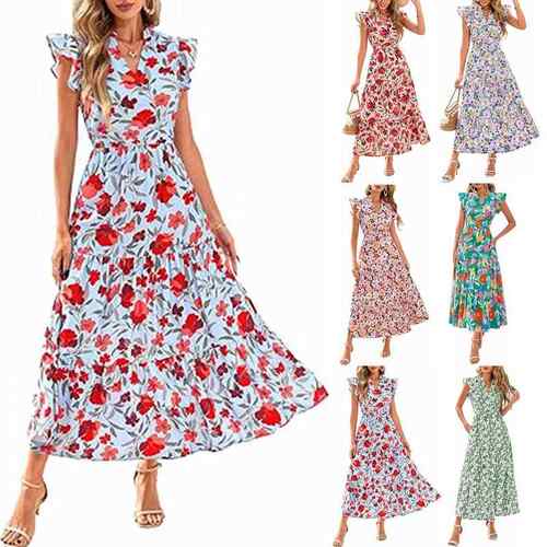 Women'S Summer Floral Midi Dress Cap Sleeve V Neck Ruffle