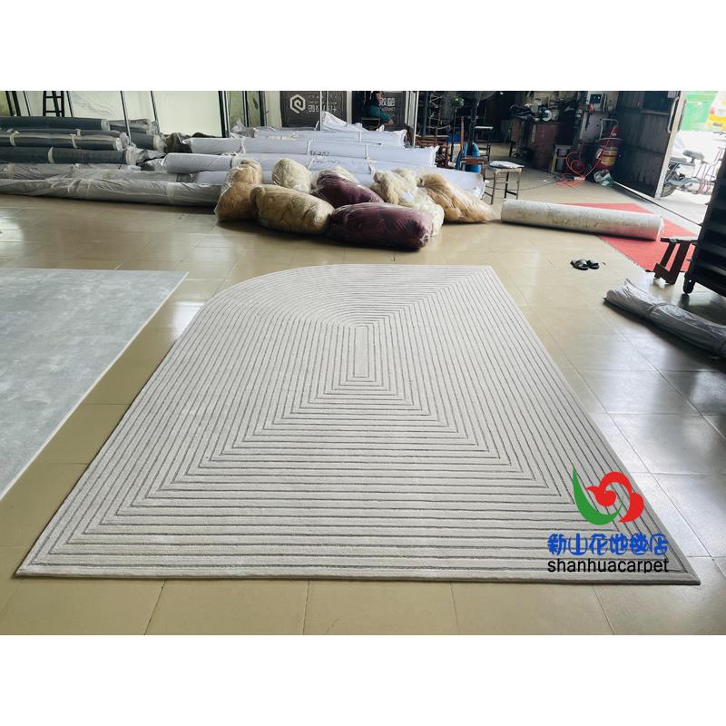 现代简约纯色灰色格子中式椭圆形客厅茶几地毯大厅接待室贵宾室