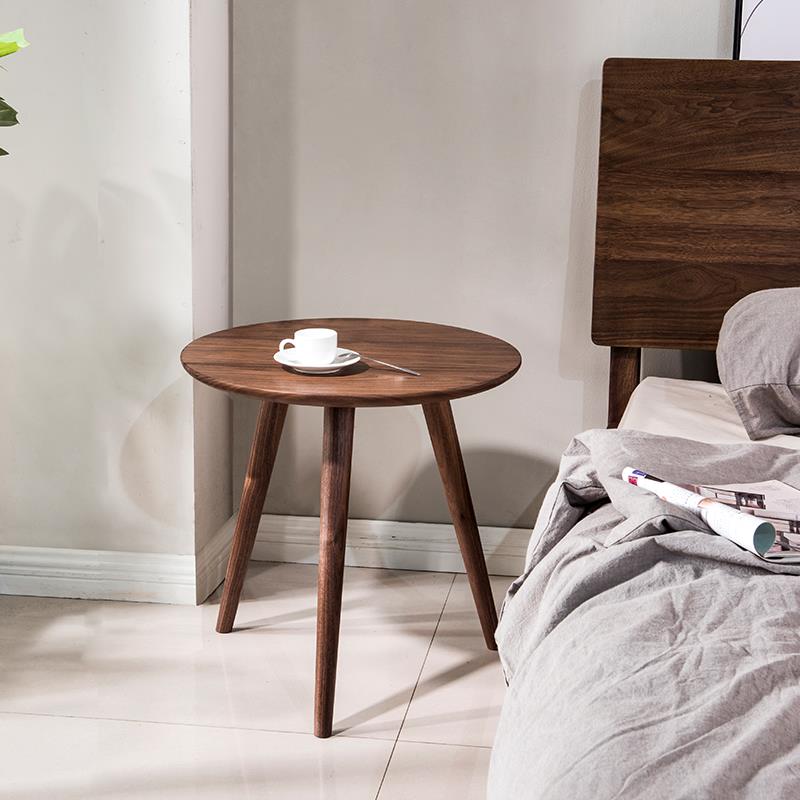 高档北美胡桃木发小边几北黑欧纯实木圆几阳台茶几床头边几圆形创