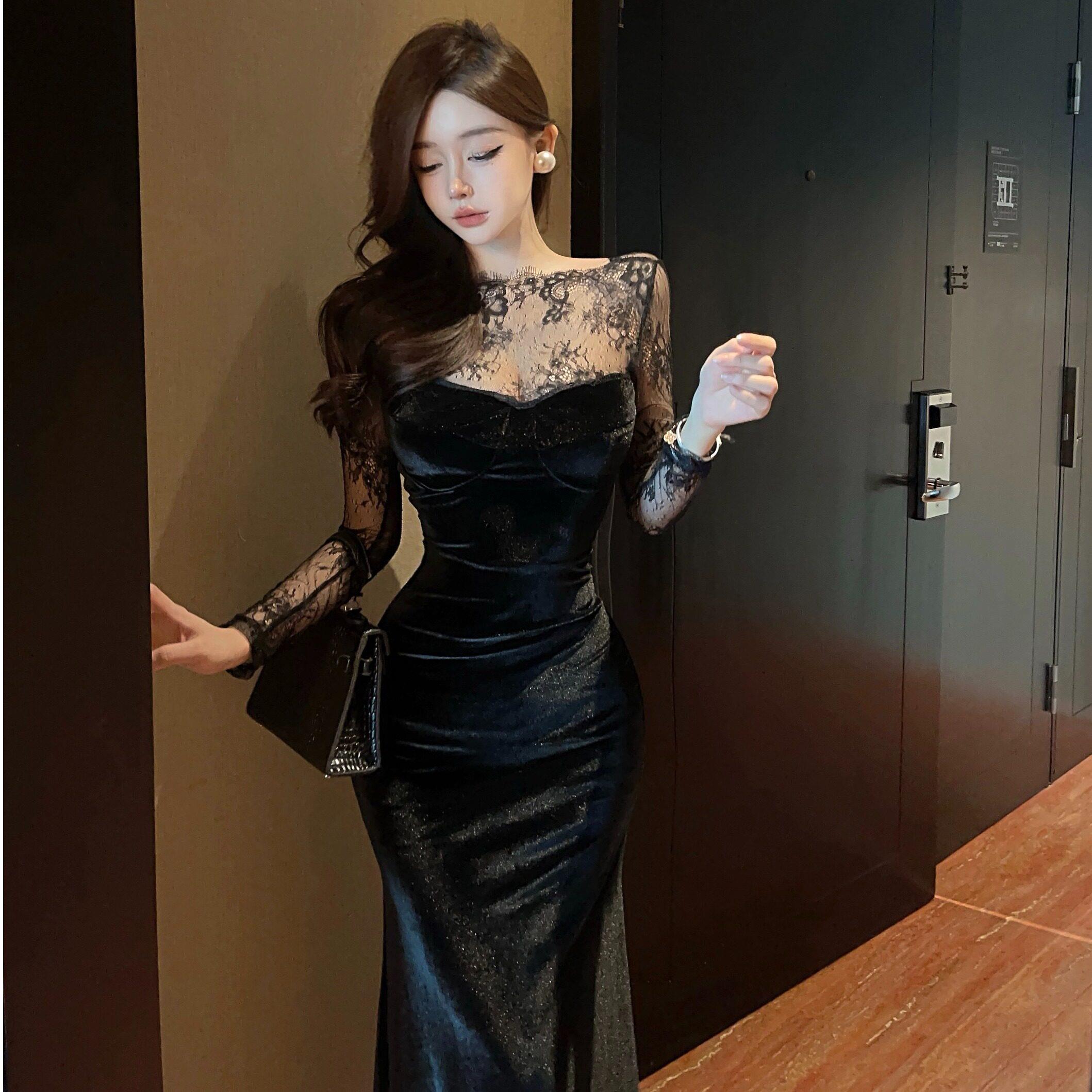 气质性感蕾丝拼接长袖连衣裙女露背显瘦夜总店名媛包臀晚礼服长裙