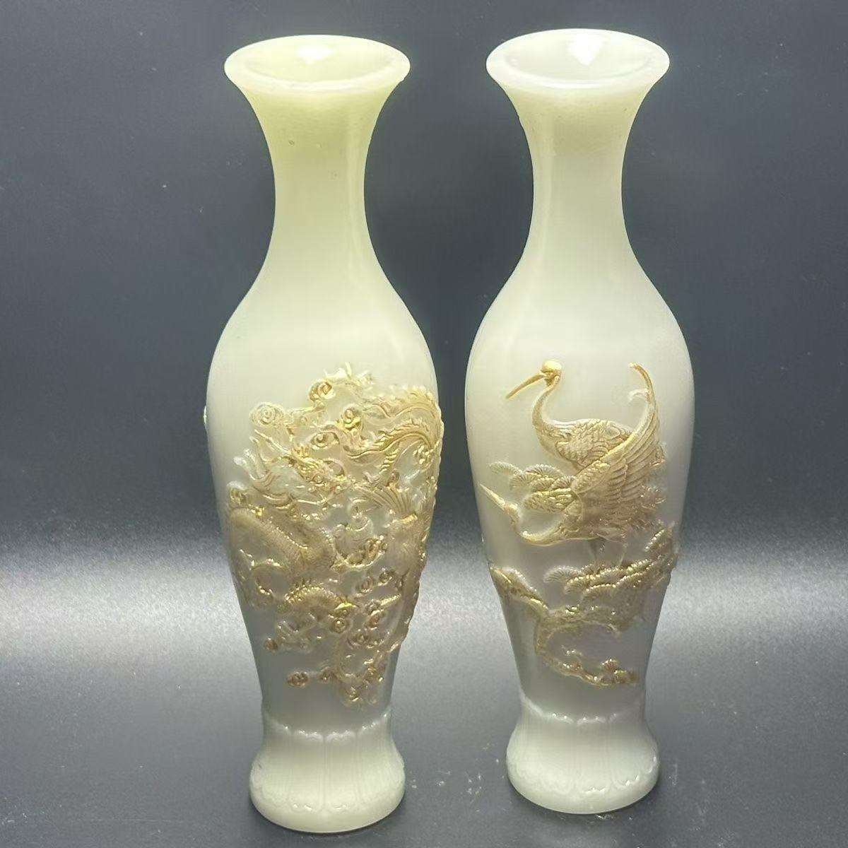 仿古玉龙仙鹤花瓶树脂摆件古玩古董收藏家居装饰工艺品