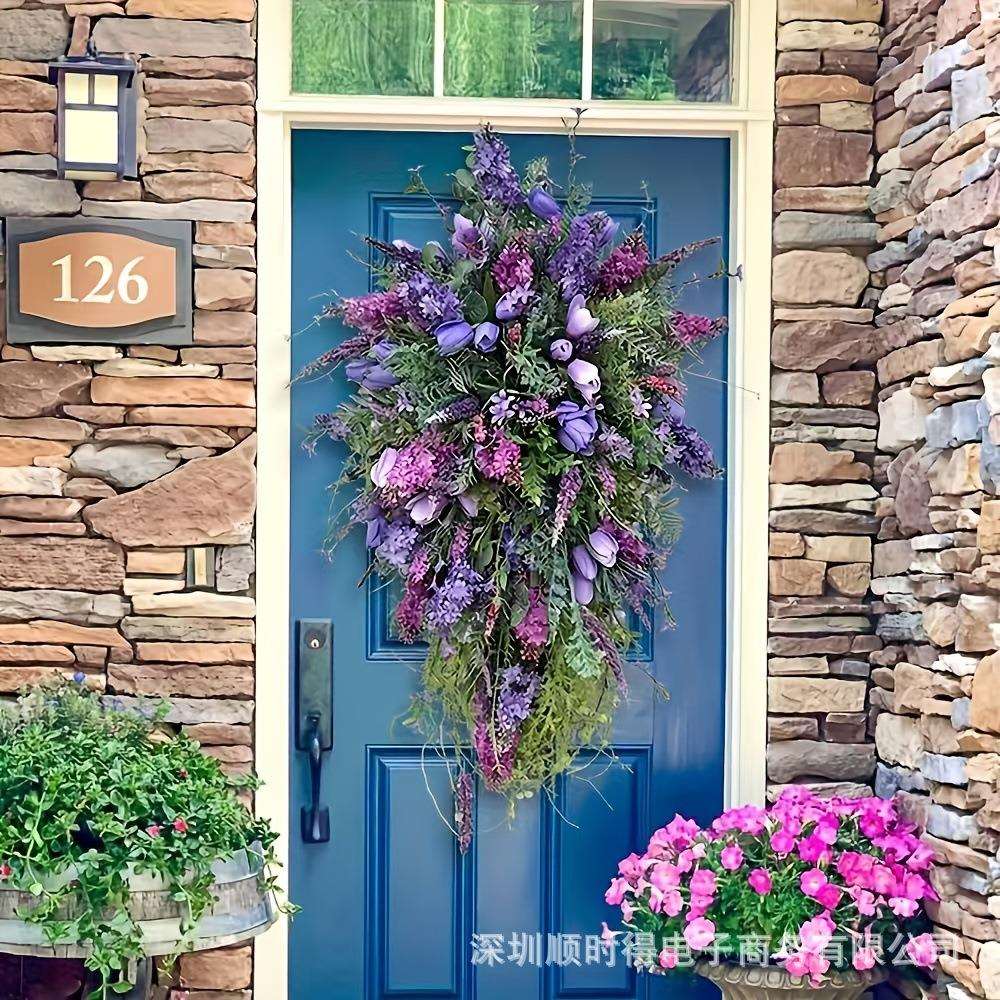 春季紫色郁金香花环丁香郁金香风信子绣球花多彩春夏花环家居装饰