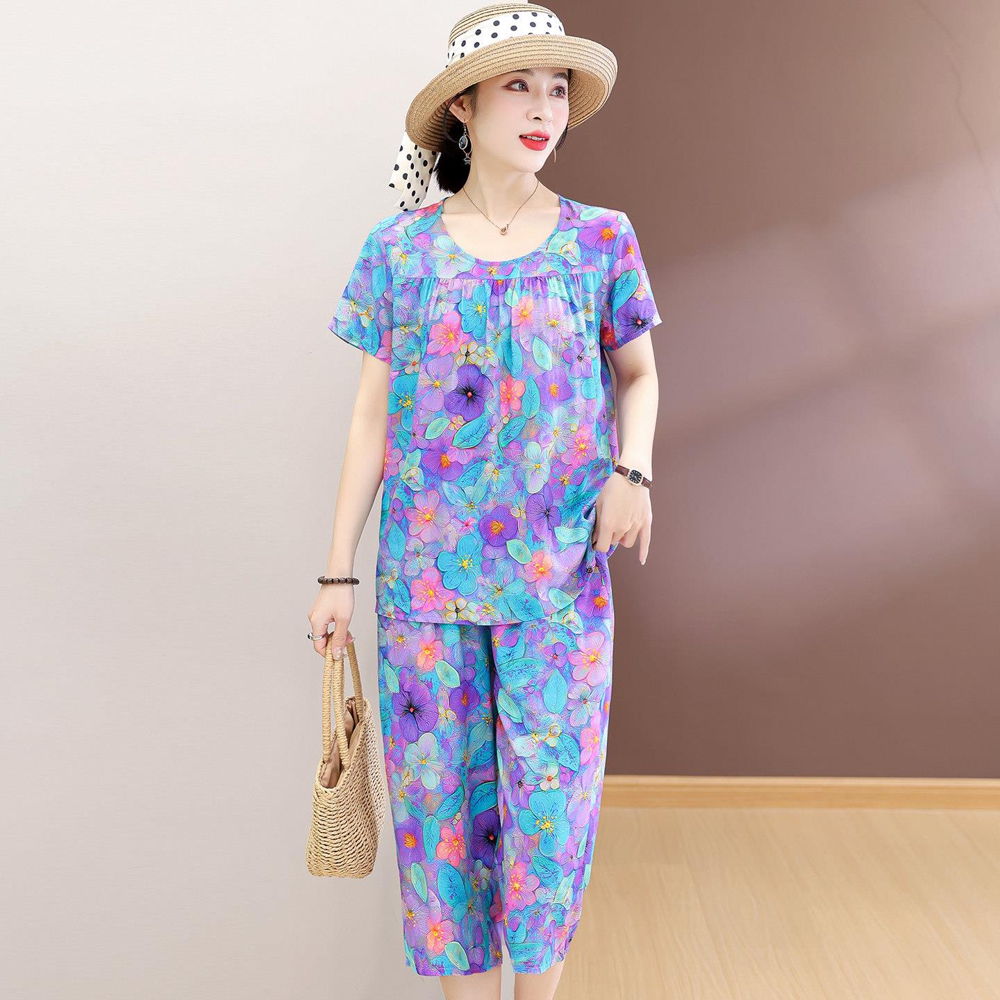 妈妈夏季薄款棉绸睡衣套装女士大码中老年人造棉短袖家居服两件套