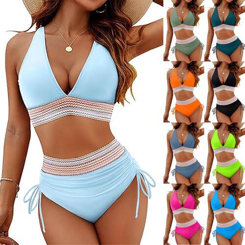 Women Waisted V Neck Bikini Set Tummy Control Swimsuits