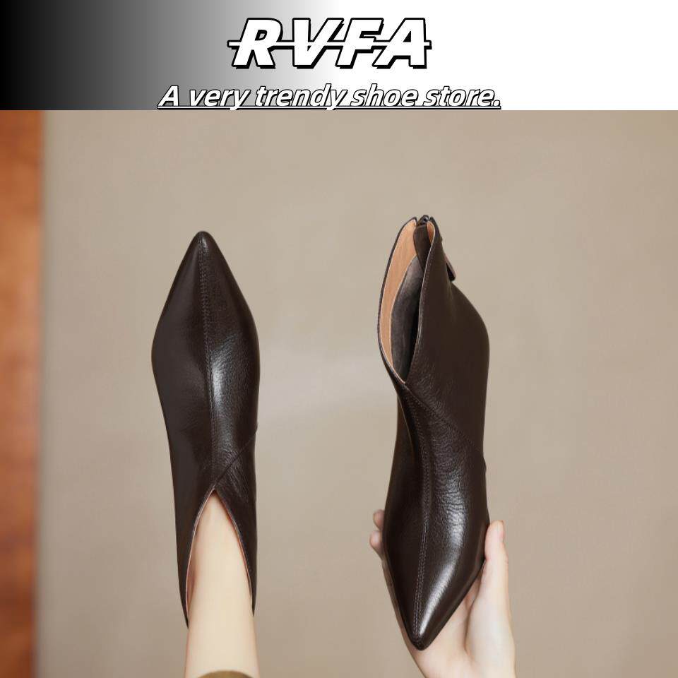RVFA原创超软羊皮细跟短靴女2025秋冬新款高跟真皮尖头加绒及踝靴