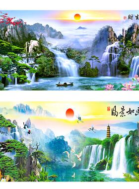 黄山迎客松山水画中堂壁画挂画流水生财客厅办公室墙画喷绘画自粘