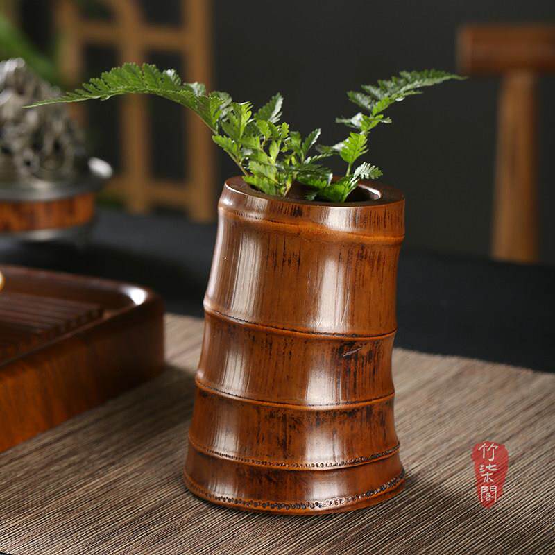 大漆金竹根花器插花器皿中式花盆花瓶小花架竹筒水培桌面装饰摆饰