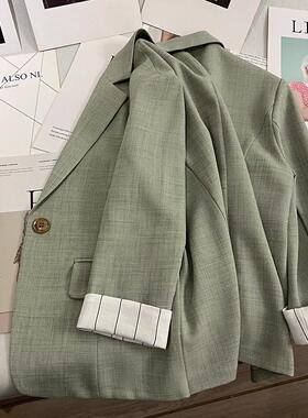 LILY MOST浅绿色薄款西装外套女2025夏季新款袖口条纹七分袖西服