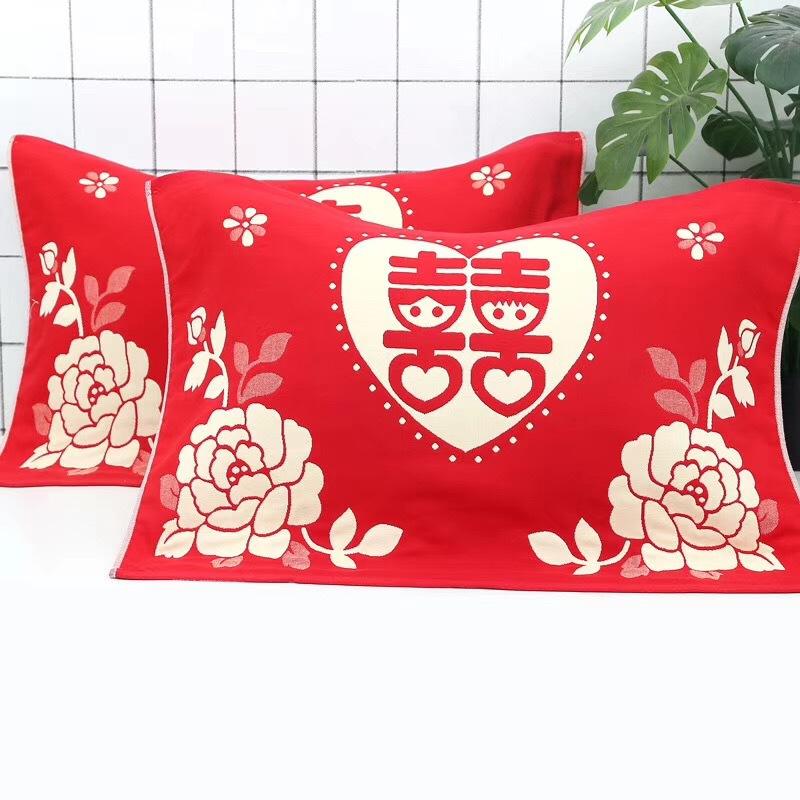 结婚枕巾三层纱布大红色枕头巾成