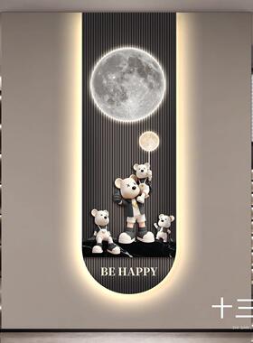 潮流暴力熊玄关装饰画轻奢大气入户正对门挂画高级感led带灯壁画