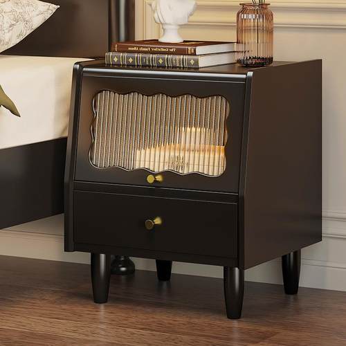 实木床头柜北欧复古玻璃黑色简约卧室收纳多功能小型床边柜