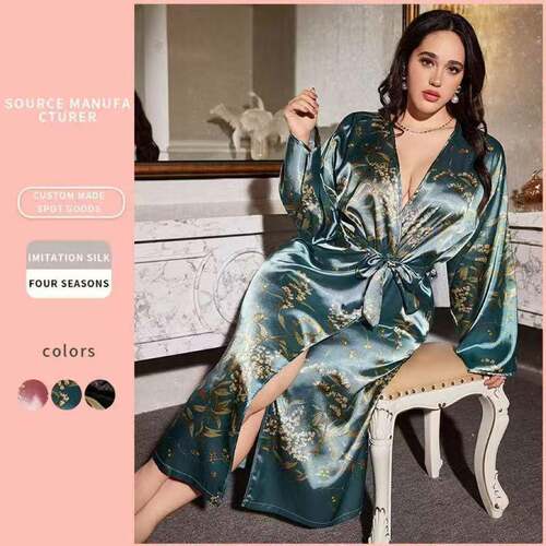 Color Bathrobe Sleeve Casual Comfy Belted Gown Women Lady