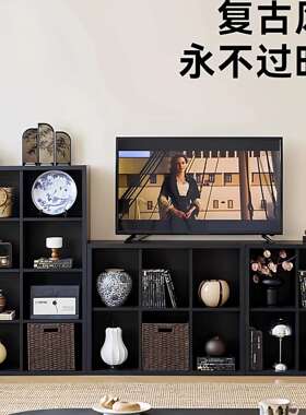 中古风黑色格子柜书架落地置物架客厅展示柜一体靠墙收纳飘窗书柜