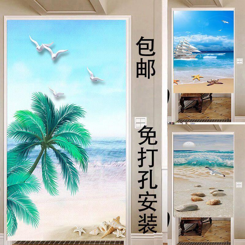 夏日海边沙滩布艺门帘隔断窗卧蓝天白云室家用厨房厕所免打孔半