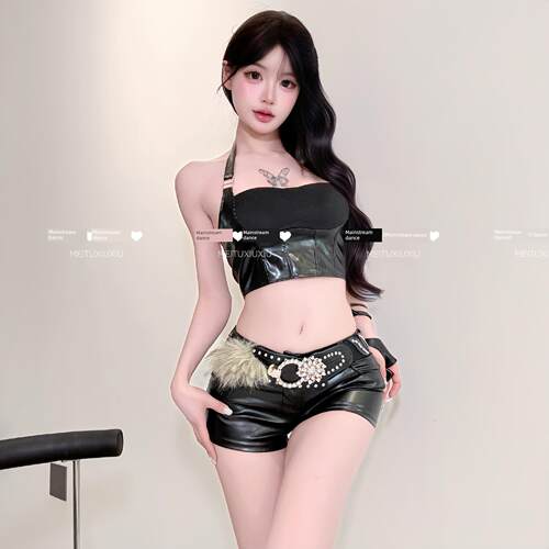 酒吧表演服装新女Dj领舞台性感黑色吊带顶爵士舞性感时装套装