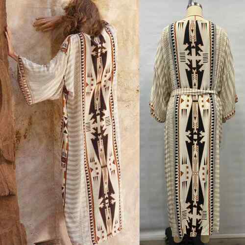 直销新款现货跨境亚马逊长款沙滩罩衫和服人棉印花度假长袍开衫防