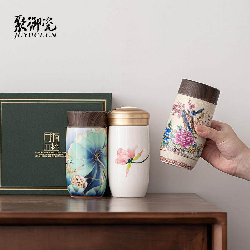 双层陶瓷保温杯女 中式保冷杯 密封防漏可携式车载直饮泡茶杯子刻