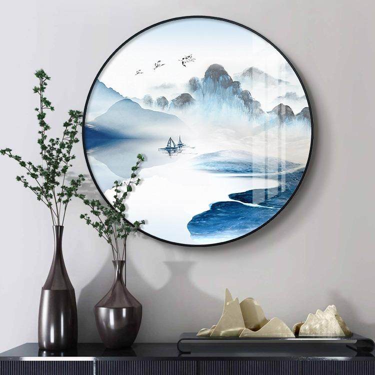 新中式客厅圆形装饰画铝合金圆框画山水画餐厅挂画玄关水墨墙壁画