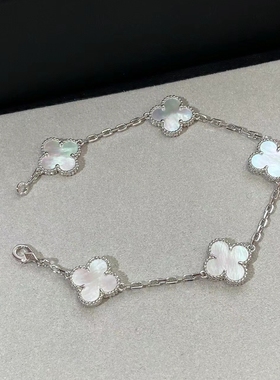 【公价42700】99新梵克雅宝白金白贝母四叶草五花手链正品二手