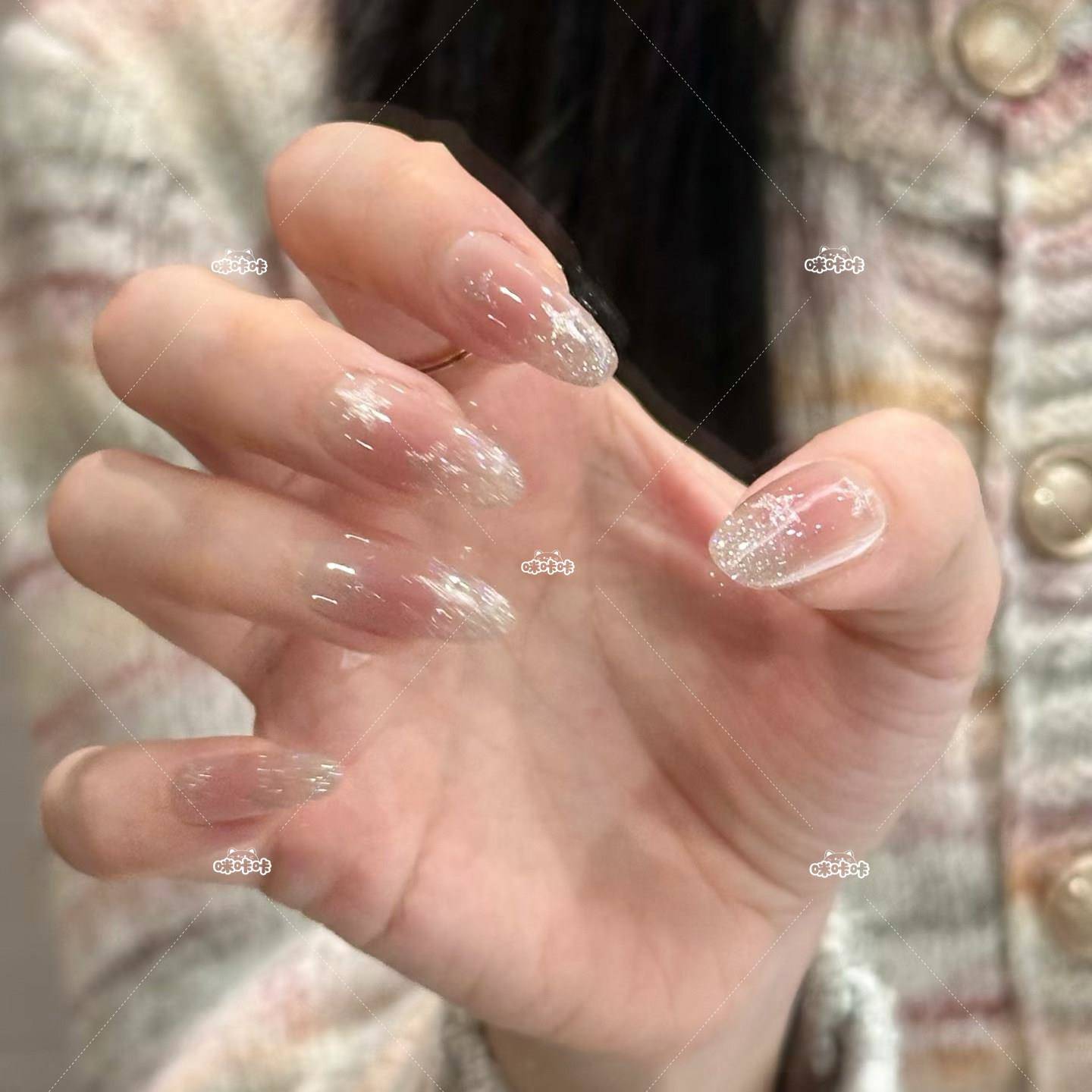 清透裸粉仙女显白爆闪星星碎钻猫眼美甲手工定制穿戴甲防水可拆卸
