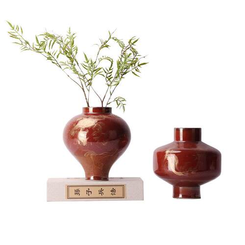 宋氏美学新中式禅意红色描金陶瓷花瓶插花花器书柜博古架书房摆件