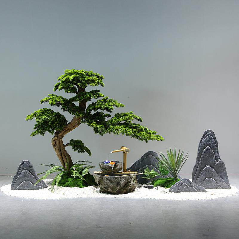 仿真松树新景中仿真松树式迎客松树绿植落地摆件玄关装饰假造景内