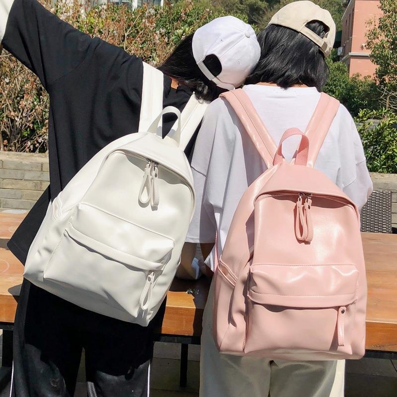 双肩包女2025新款街头ins潮流高中书包大容量纯色PU皮学生双肩包