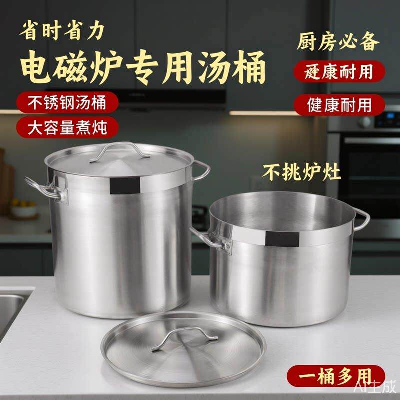电磁炉专用高锅商用不锈钢带盖子大容量加厚圆桶堂食品级复合底汤