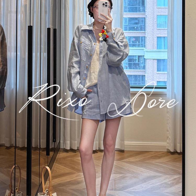 RIXO DORE法式老钱风蓝色亚麻衬衫套装洋气减龄防晒衣短裤两件套