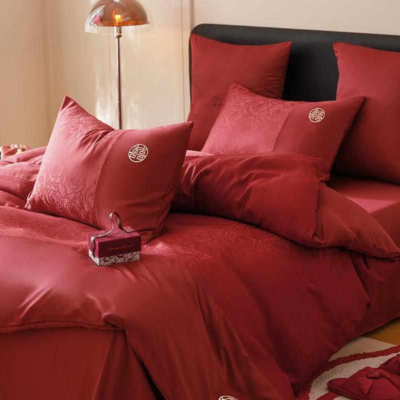 中式喜字提花红色结婚床上四件套婚庆被套刺绣床单高级感床品