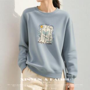 高级纯棉开叉卫衣女圆领宽松春秋薄款内搭加绒打底衫下摆不收口