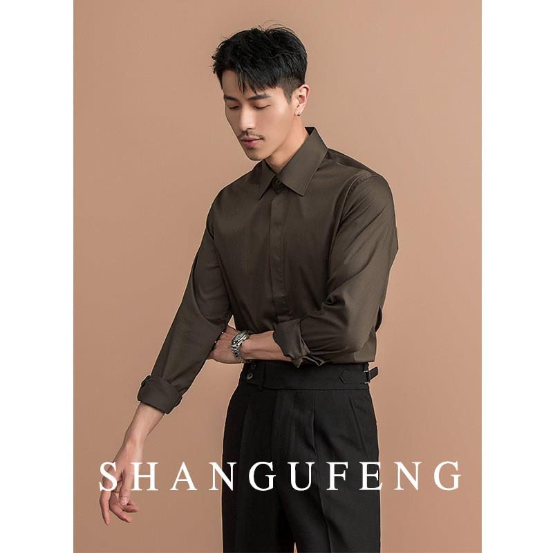 SHANGUFENG春季高定复古长袖衬衫男士商务通勤免熨烫高级感丝滑衬