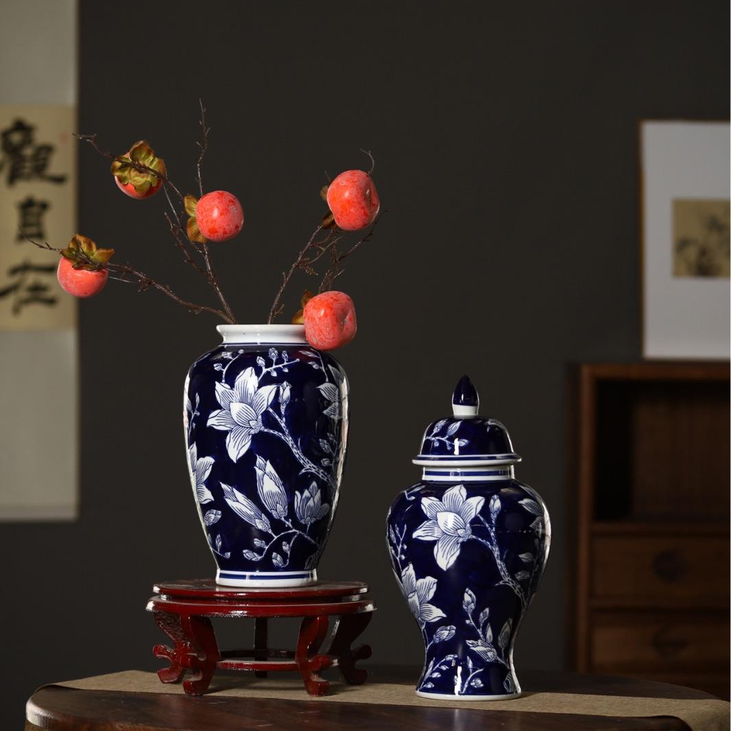 青花瓷花瓶客厅摆件中式插花古典陶瓷花瓶装饰复古瓷器客厅摆件