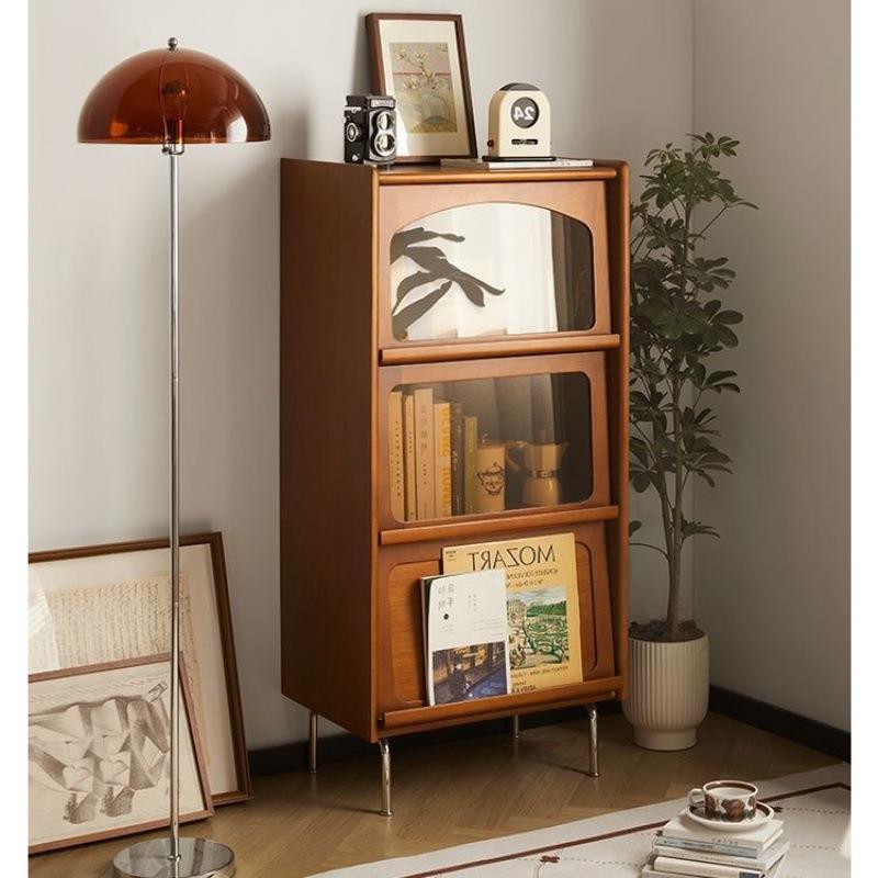北欧中古实木书柜客厅杂志柜收纳柜日式复古餐边柜翻门展示柜