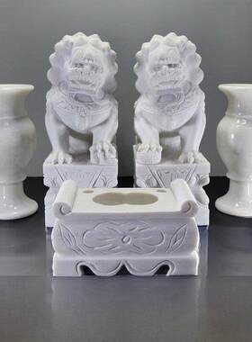 白色大理石石狮墓地一对品尝小狮子大理石青石花瓶香炉精品雕塑