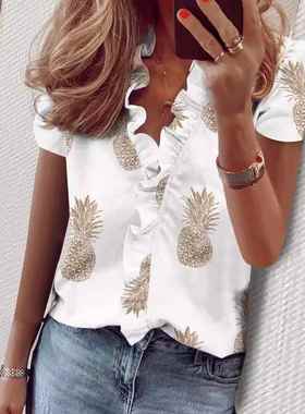 Short Sleeve Ruffle Shirt Women's Blouse