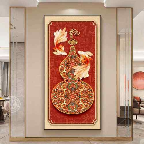 中式福禄葫芦玄关画挂新锦鲤过迎道墙画红色百福图入YSL1110-户门
