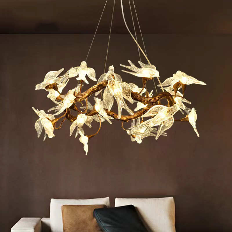 创意餐厅吊灯书房茶室燕子琉璃全铜轻奢水晶新中式禅意小鸟树枝灯
