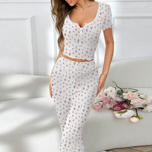 Pajamas floral prints lettuce rolls long pants set women