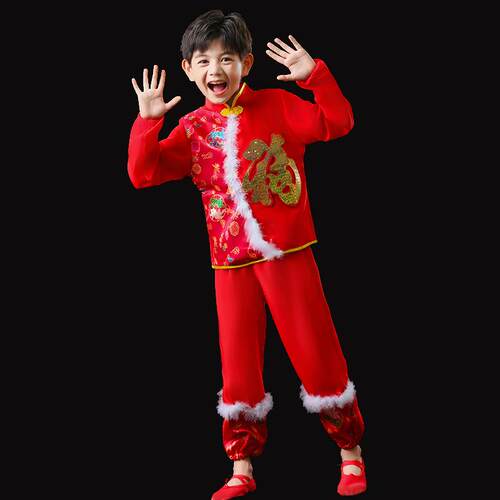 高档新款元旦儿庆童喜演出服男童歌服中国风开门红幼女儿民族舞秧