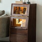 北美 黑胡木色实木边柜沙发立柜柜斗翻盖玻璃门柜子客厅实木桃家