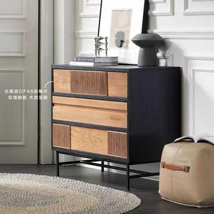 北欧现代中古拼色柚木色实木斗柜侘寂风黑色设计师橡木卧室抽屉柜