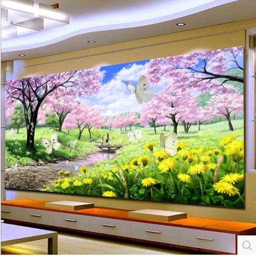 花开富贵十字绣温馨田园新款客厅田园风景山水画2米满绣