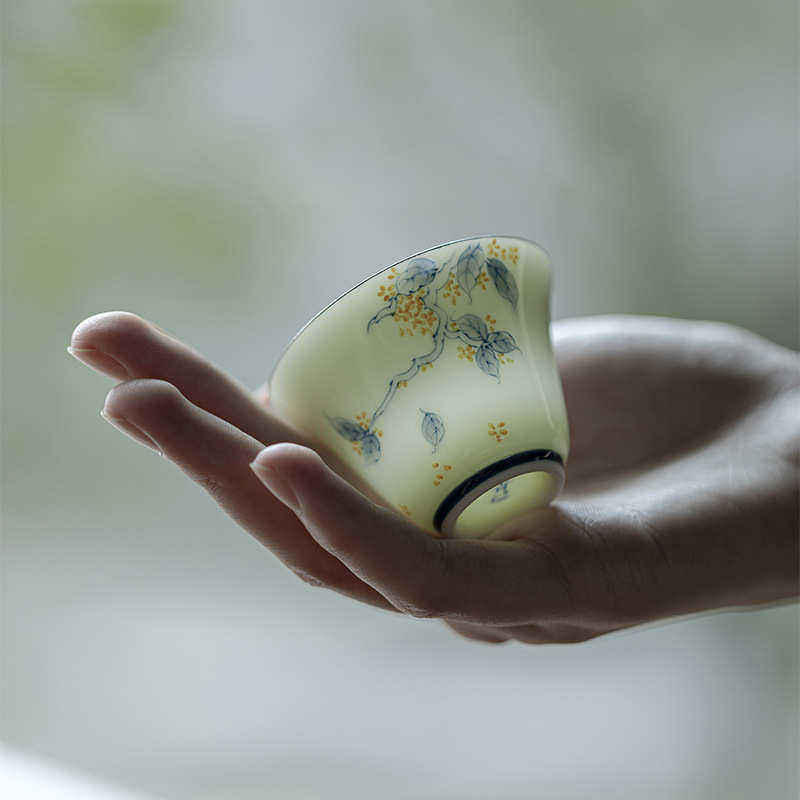 青己玉泥手绘青花桂花品茗杯功夫茶具陶瓷文人器桂香点金家用茶杯