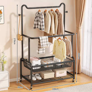 衣帽架落地带筐衣架家用移动晾衣架双杆衣服收纳置物架挂衣服架子
