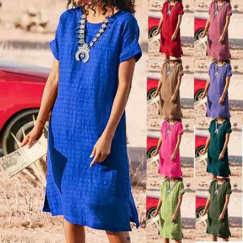 Color and size matching round neck short sleeved slit dress