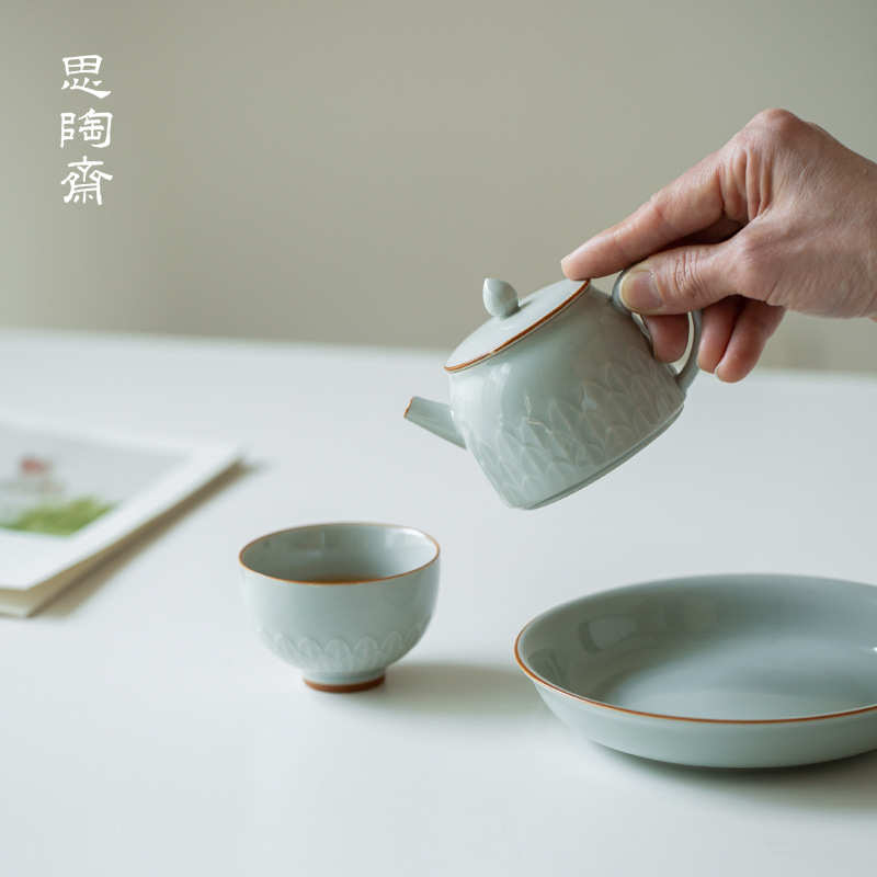 家用滤泡古带过创意茶壶陶斋莲泡茶茶器瓣茶具浮雕陶瓷思壶蓝功夫