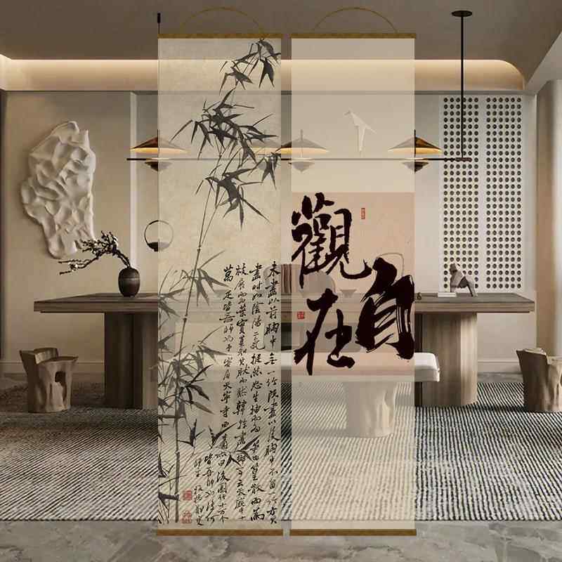 好看水墨竹透景屏风纱中式卷帘隔断帘挂帘水墨窗帘纱帘透光小号隔
