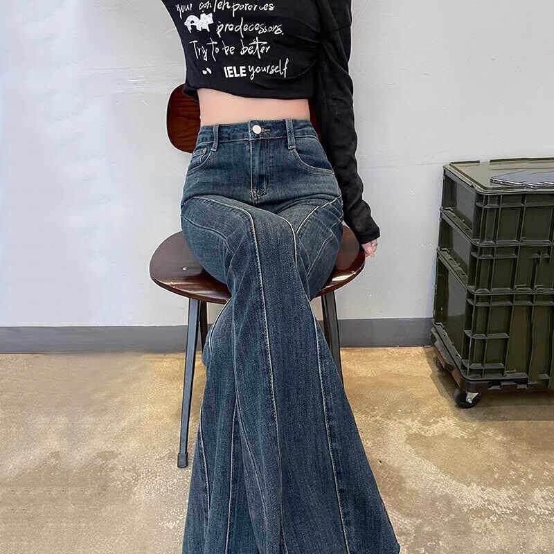 大喇叭裤子女2026年春秋装新款高腰修身弹力水泥灰微喇拖地牛仔裤