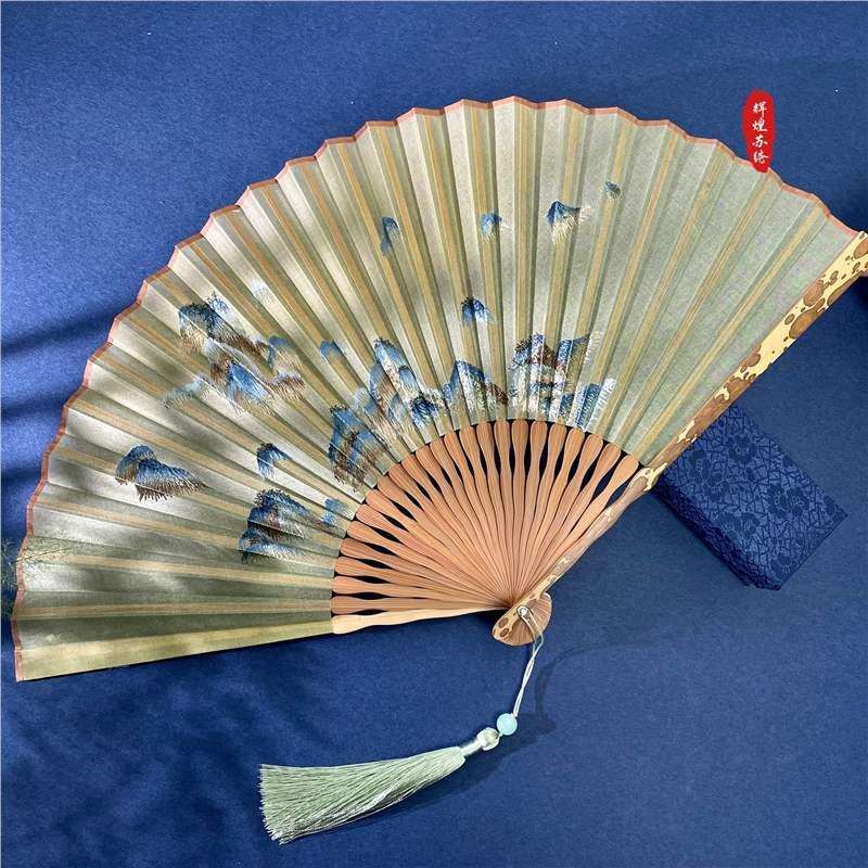 刺绣古风折扇汉服女折叠随身便携真丝绣花扇子复古千里江山湘妃竹